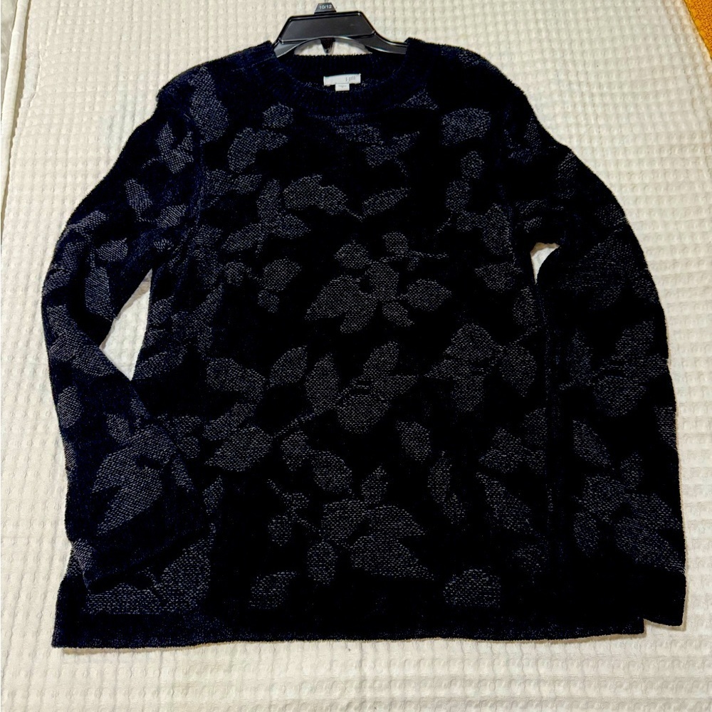 J Jill Sweater Small Black Floral Long Sleeve Crewneck Pullover